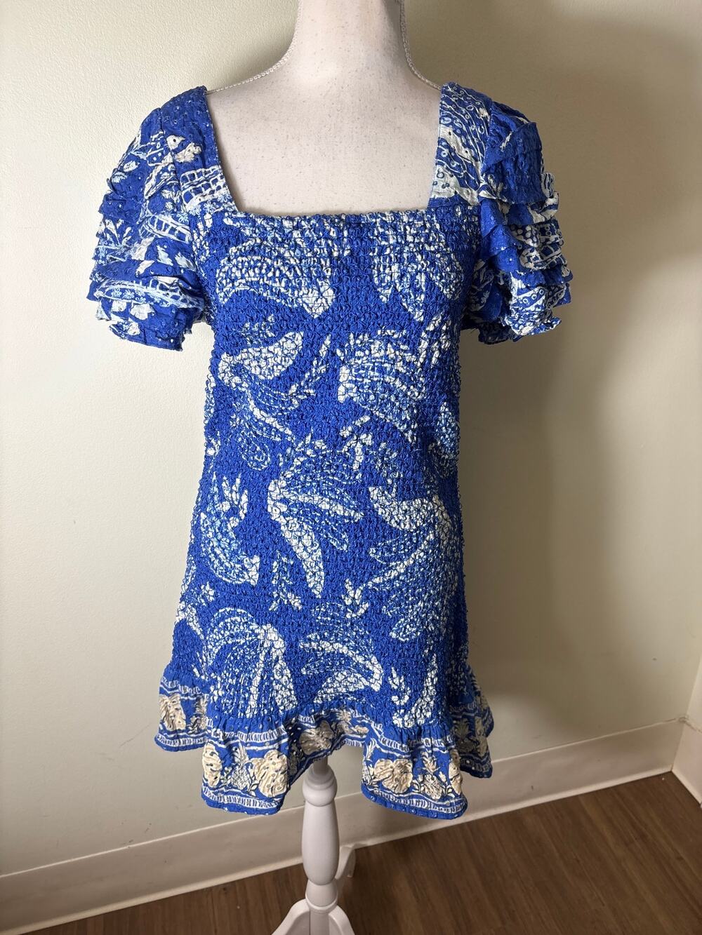 Farm Rio Blue White Smocked Flutter Sleeve Mini Dress Sz M